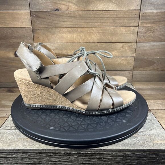 Clarks Cushion Helio Mindin Women's Size 9 M Lace Cork Taupe Wedge Sandal Heels - Picture 1 of 10